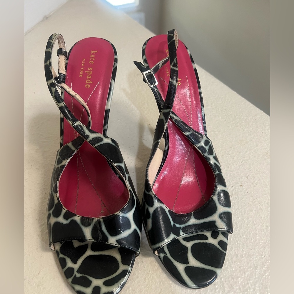 KATE SPADE Black/Sand Mini Giraffe Print‎ Sling Back Heels Size 8.5 - Picture 4 of 10
